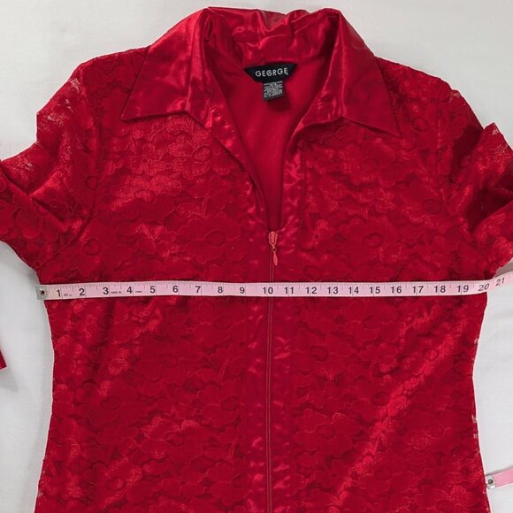 VTG Red Lace Sheer Sleeve Zip Up Collared Jacket Satin Sleeves Sweater Top 90s - Picture 5 of 7